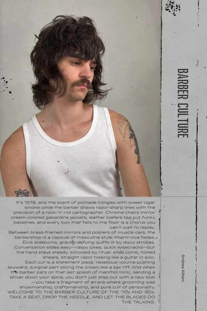 Scatto editoriale Barber Culture: capelli lunghi texturizzati e baffi